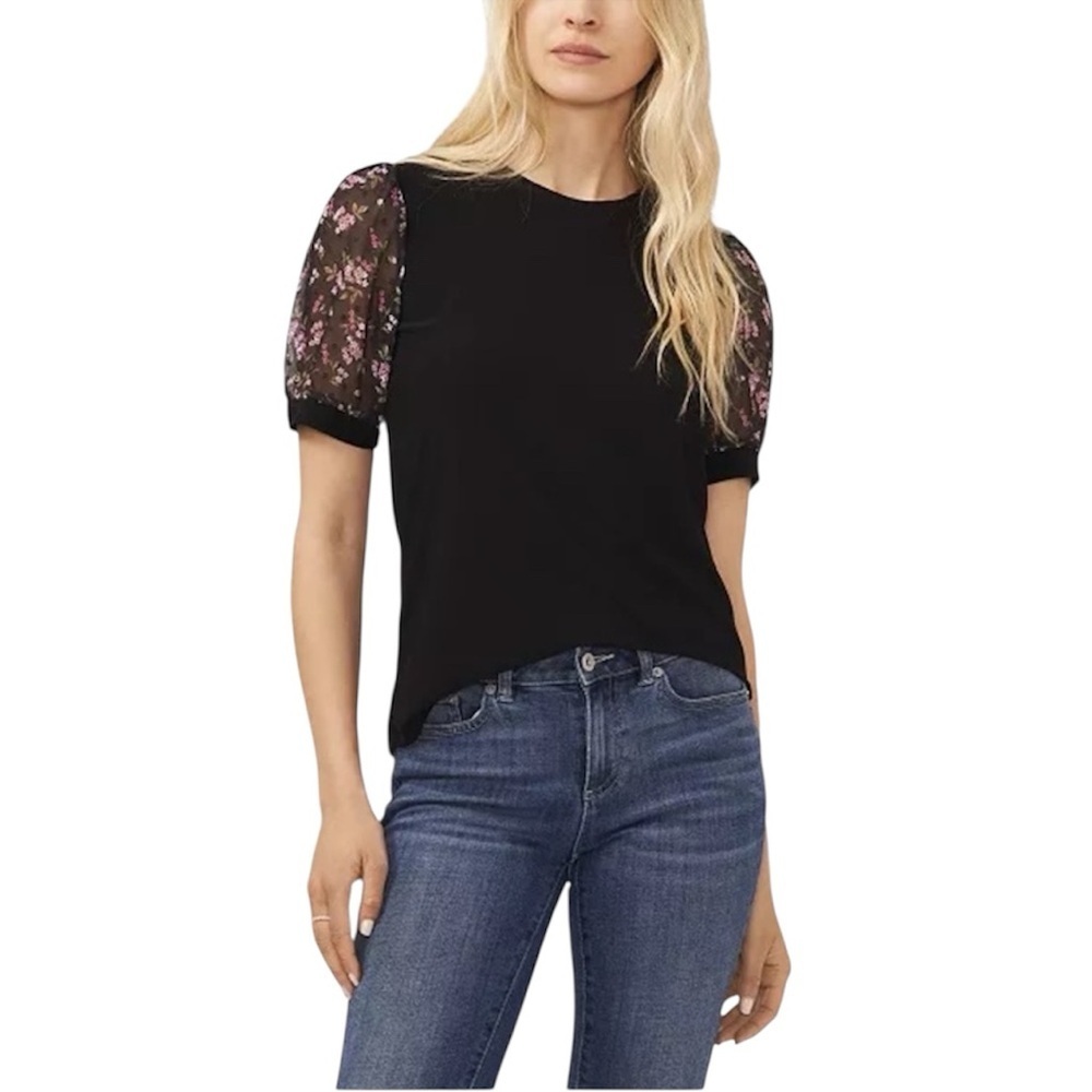 🆕 CECE Media Puff Sleeve Bouquet Knit Top Floral Sleeve Blouse Size XS
